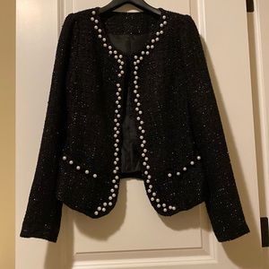Black tweed blazer with pearl embellishments